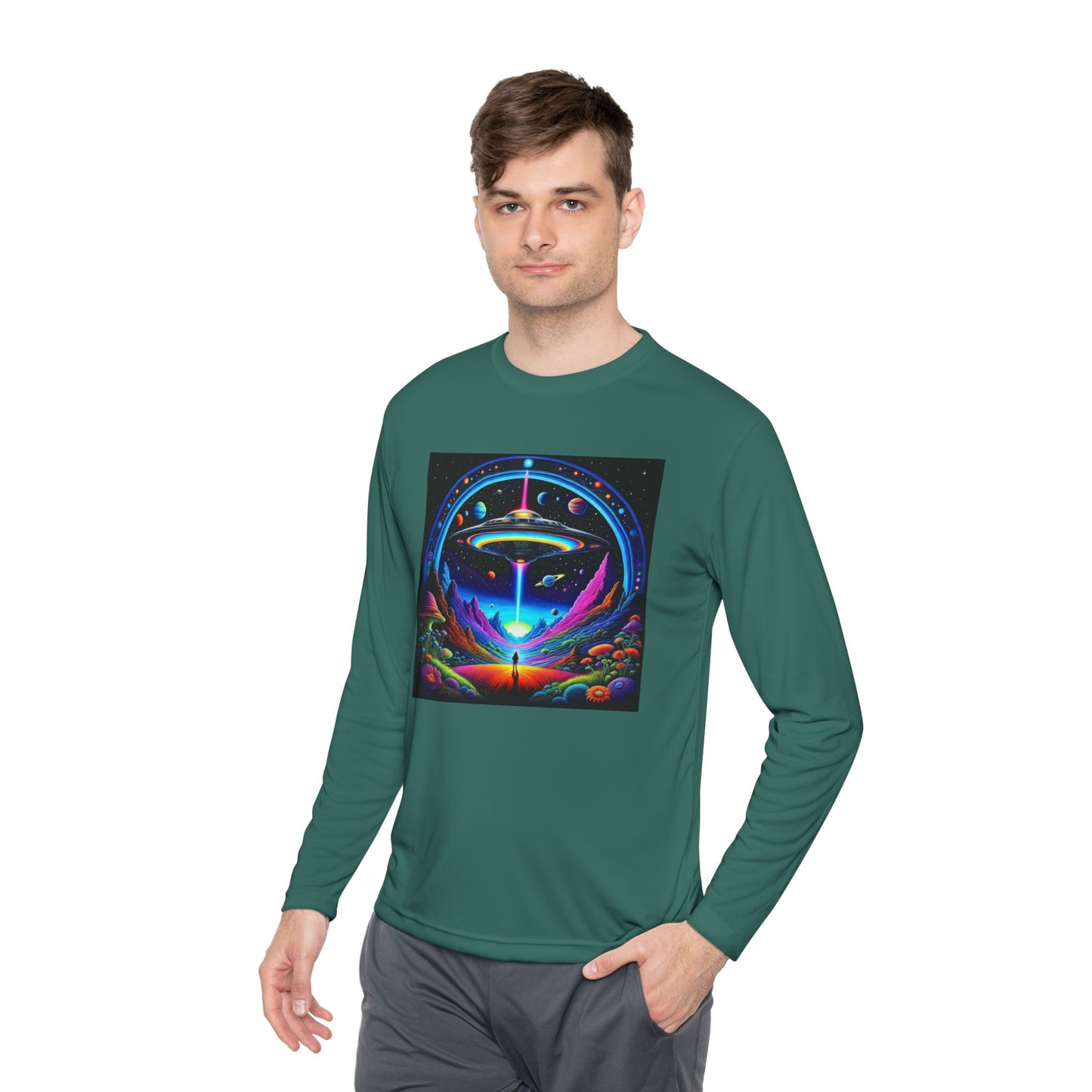 Cosmic Adventure Long Sleeve Tee | Unisex Lightweight Tee, UFO Graphic Shirt, Perfect for Festivals, Gifts, and Everyday Wear