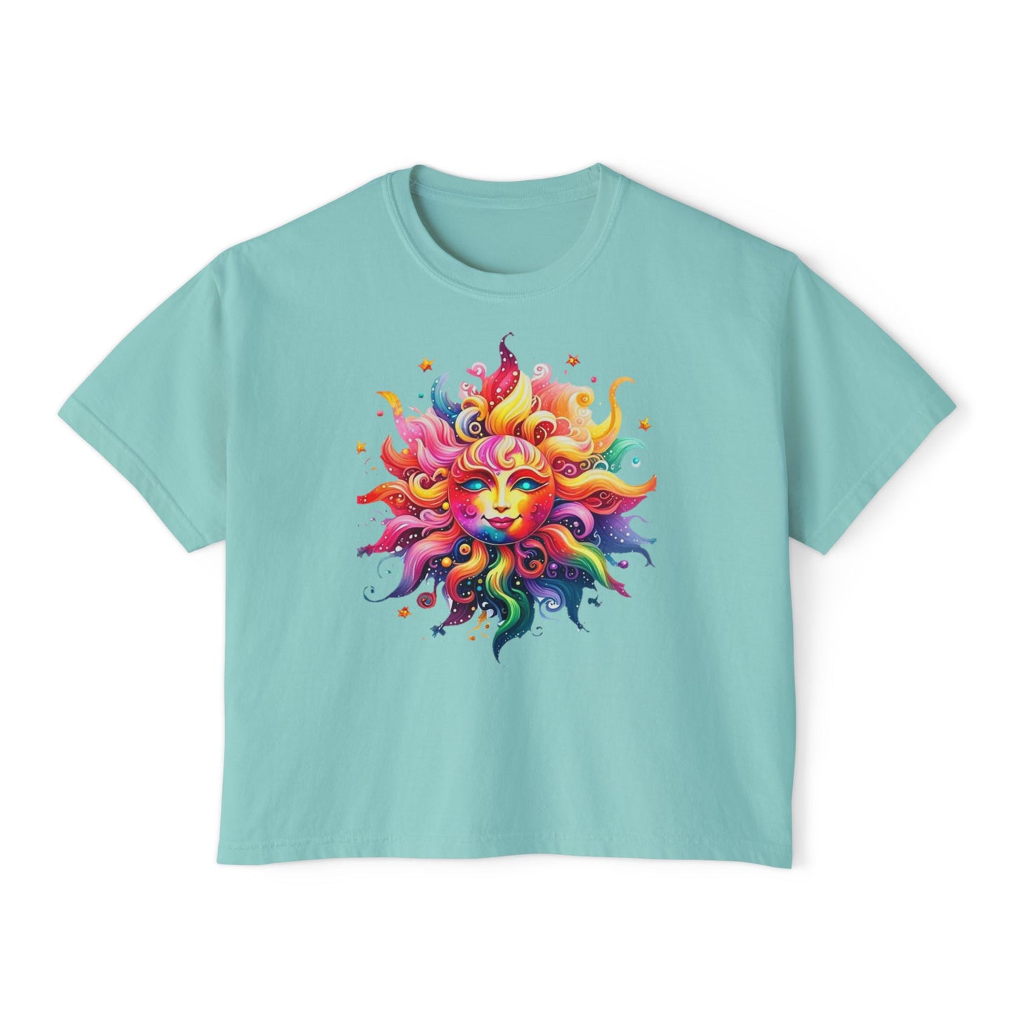 Vibrant Sun Graphic Women's Boxy Tee, Boho T-Shirt, Summer Apparel, Festival Wear, Gifts for Her