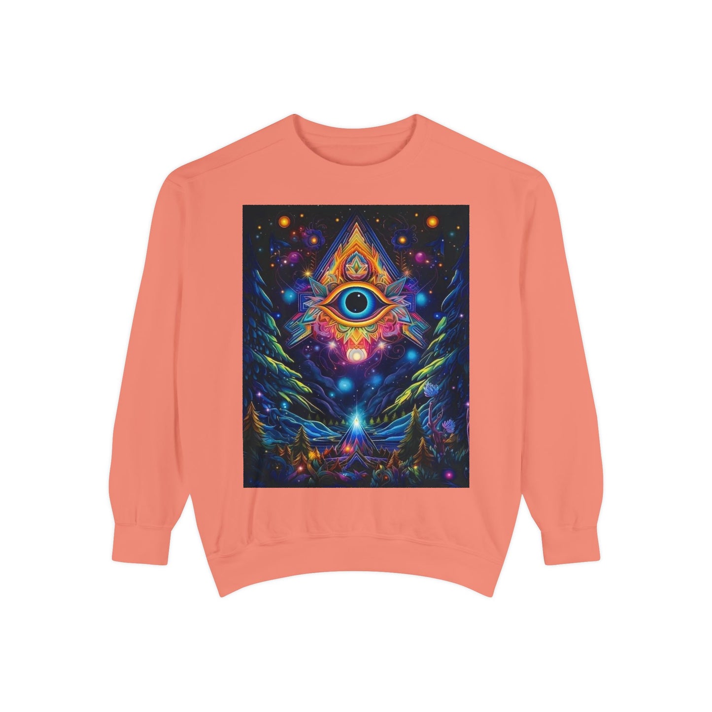 Cosmic Eye Unisex Garment-Dyed Sweatshirt, Psychedelic Sweatshirt, Spiritual Apparel, Gift for Nature Lovers, Festival Clothing, Comfortable