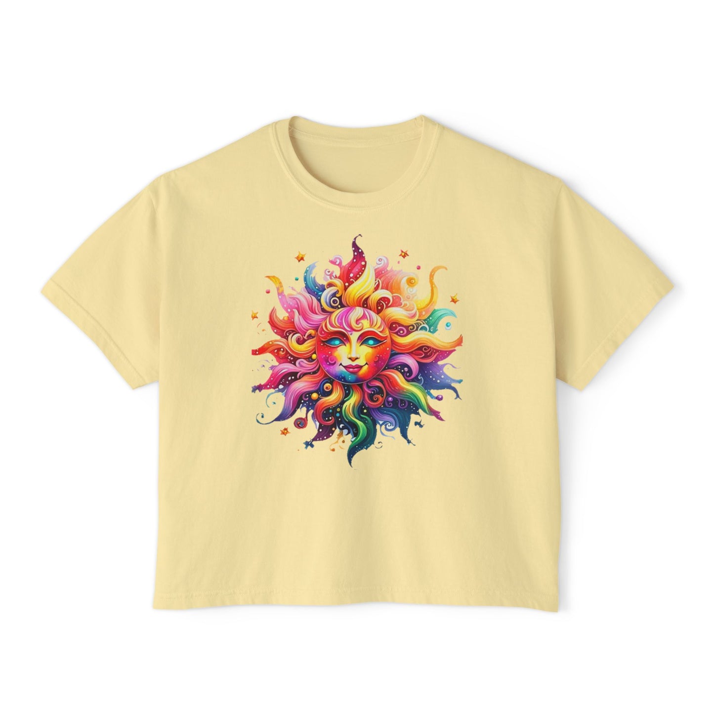 Vibrant Sun Graphic Women's Boxy Tee, Boho T-Shirt, Summer Apparel, Festival Wear, Gifts for Her