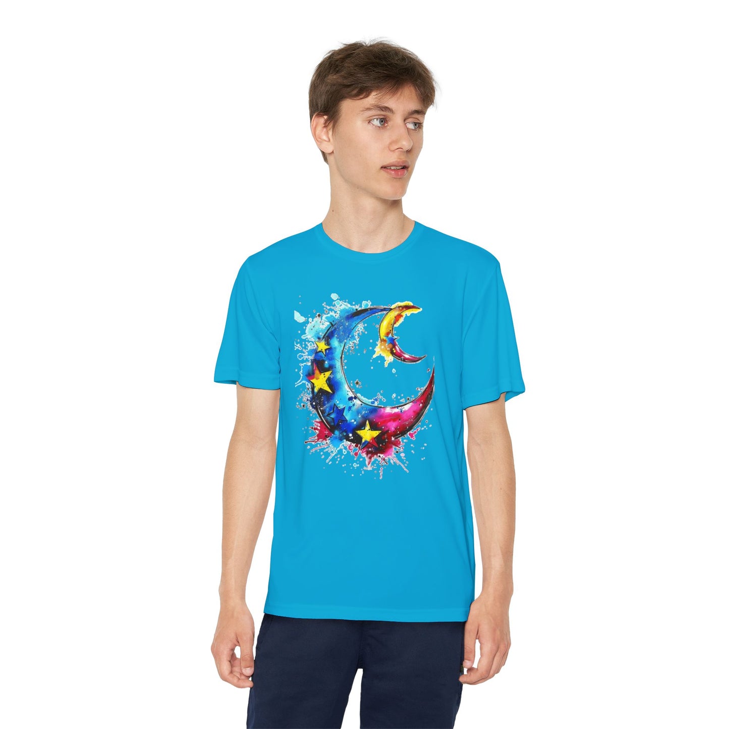 Youth Watercolor Moon Tee - Vibrant Starry Design, Perfect for Kids, Birthday Gift, Summer Wear, Festival Attire, Cosmic Theme