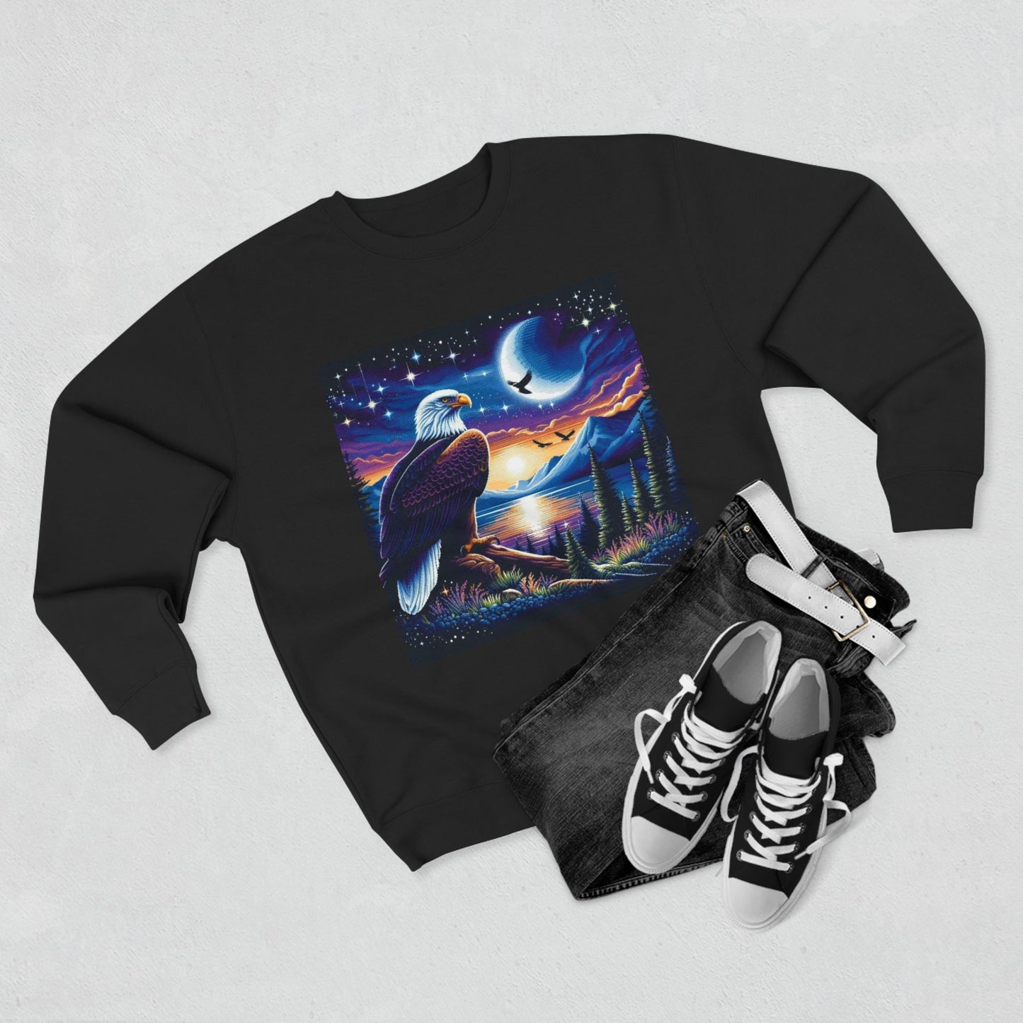 Nature-Inspired Unisex Crewneck Sweatshirt with Eagle & Moon Design, Cozy Sweatshirt for Nature Lovers, Perfect Gift for Birthdays, Outdoor
