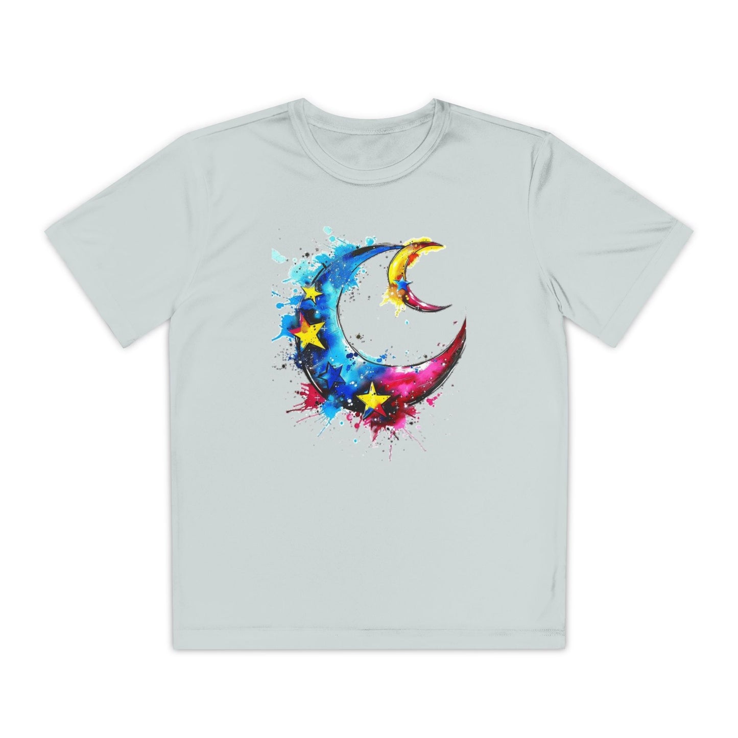 Youth Watercolor Moon Tee - Vibrant Starry Design, Perfect for Kids, Birthday Gift, Summer Wear, Festival Attire, Cosmic Theme