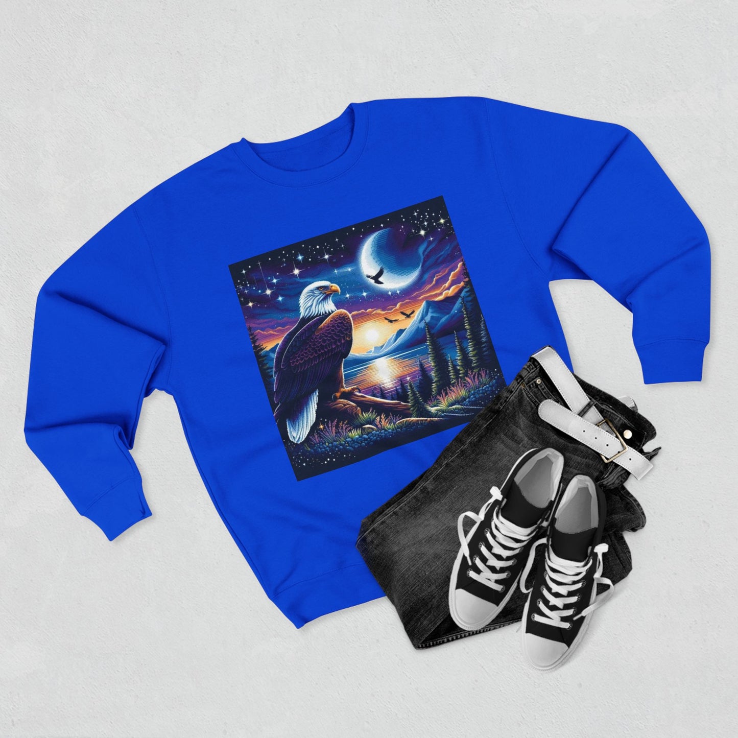 Nature-Inspired Unisex Crewneck Sweatshirt with Eagle & Moon Design, Cozy Sweatshirt for Nature Lovers, Perfect Gift for Birthdays, Outdoor
