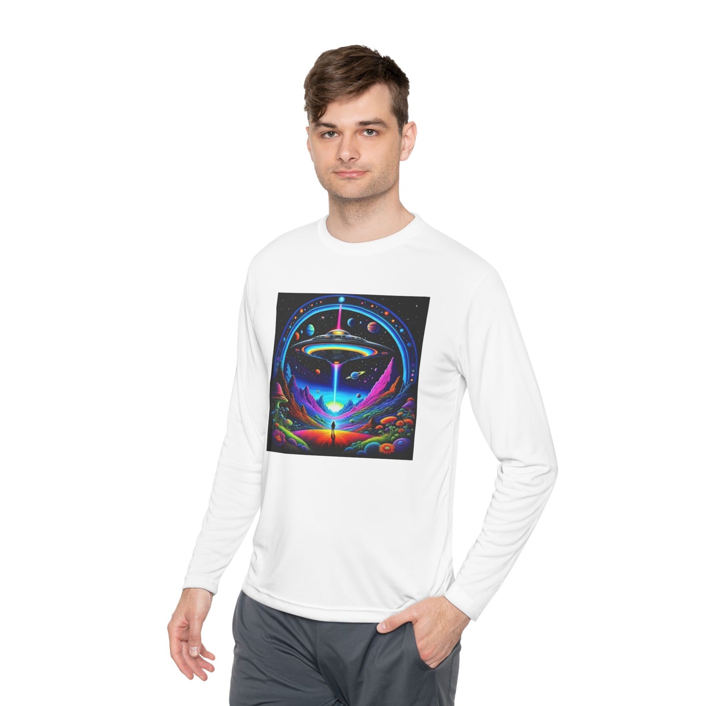 Cosmic Adventure Long Sleeve Tee | Unisex Lightweight Tee, UFO Graphic Shirt, Perfect for Festivals, Gifts, and Everyday Wear