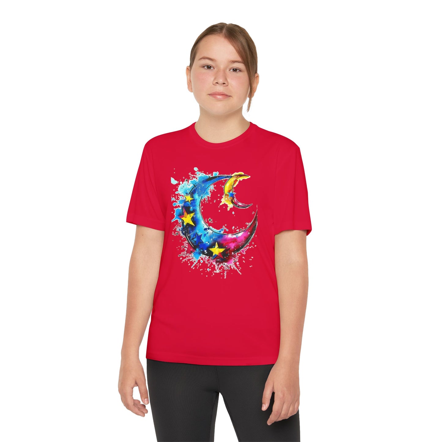 Youth Watercolor Moon Tee - Vibrant Starry Design, Perfect for Kids, Birthday Gift, Summer Wear, Festival Attire, Cosmic Theme