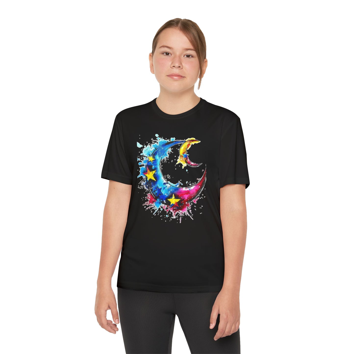 Youth Watercolor Moon Tee - Vibrant Starry Design, Perfect for Kids, Birthday Gift, Summer Wear, Festival Attire, Cosmic Theme