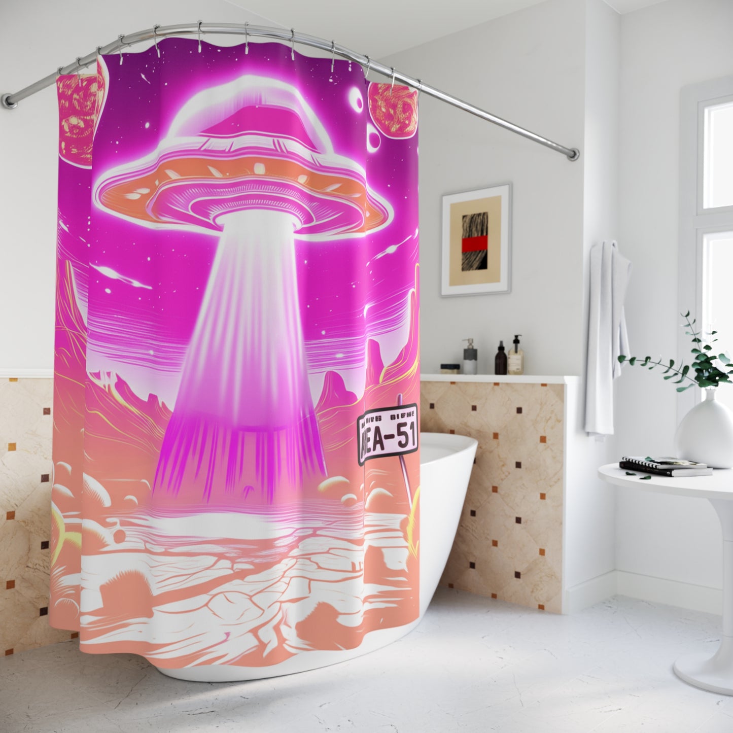 Cosmic UFO Shower Curtain, Outer Space Home Decor, Sci-Fi Bathroom Accessories, Alien Themed Gift, Fun Space Party Decorations