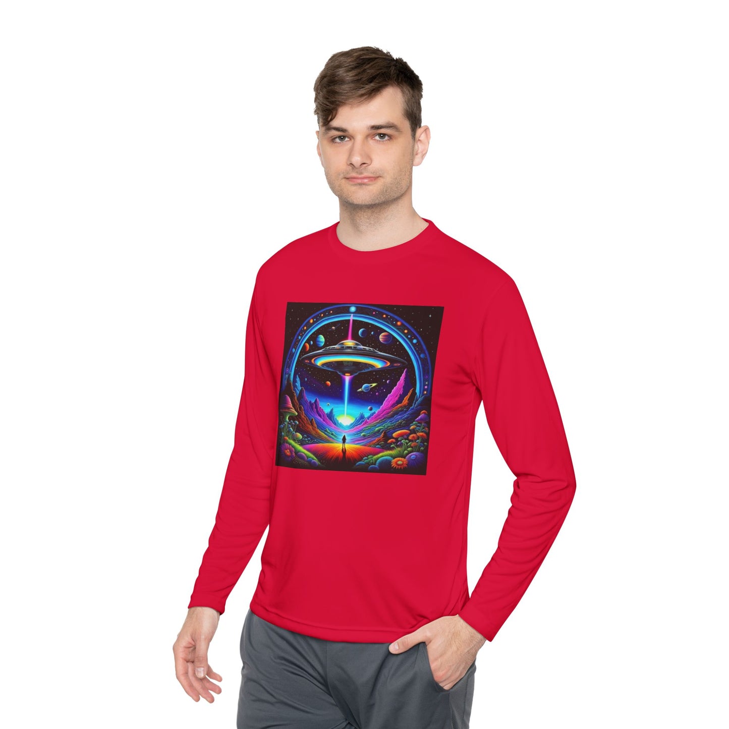 Cosmic Adventure Long Sleeve Tee | Unisex Lightweight Tee, UFO Graphic Shirt, Perfect for Festivals, Gifts, and Everyday Wear