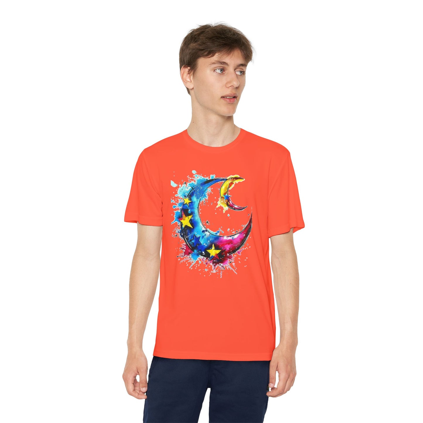 Youth Watercolor Moon Tee - Vibrant Starry Design, Perfect for Kids, Birthday Gift, Summer Wear, Festival Attire, Cosmic Theme