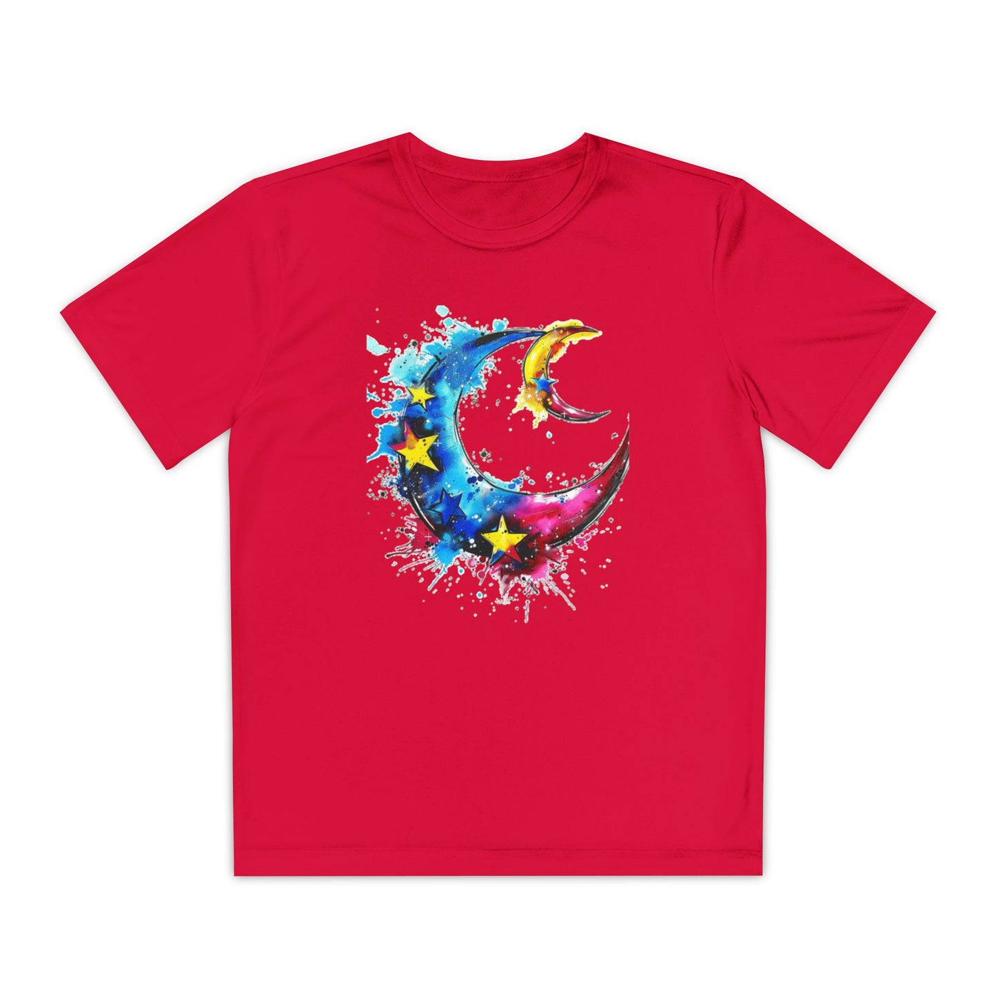 Youth Watercolor Moon Tee - Vibrant Starry Design, Perfect for Kids, Birthday Gift, Summer Wear, Festival Attire, Cosmic Theme