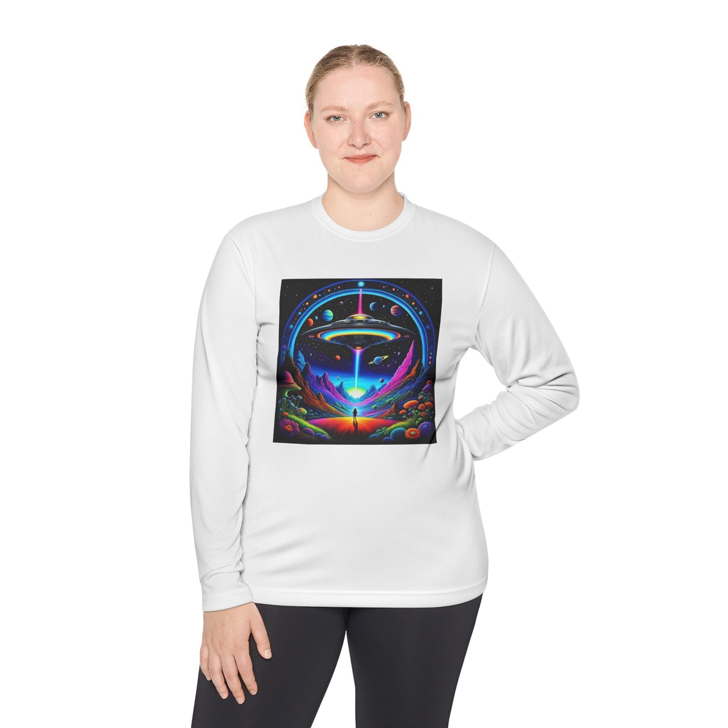 Cosmic Adventure Long Sleeve Tee | Unisex Lightweight Tee, UFO Graphic Shirt, Perfect for Festivals, Gifts, and Everyday Wear
