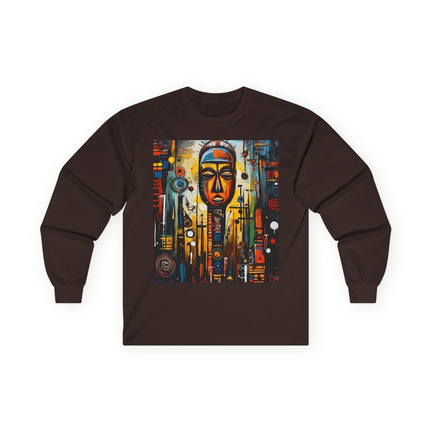 Artistic Unisex Long Sleeve Tee with Abstract Mask Design - Perfect for Casual Wear and Gift Giving