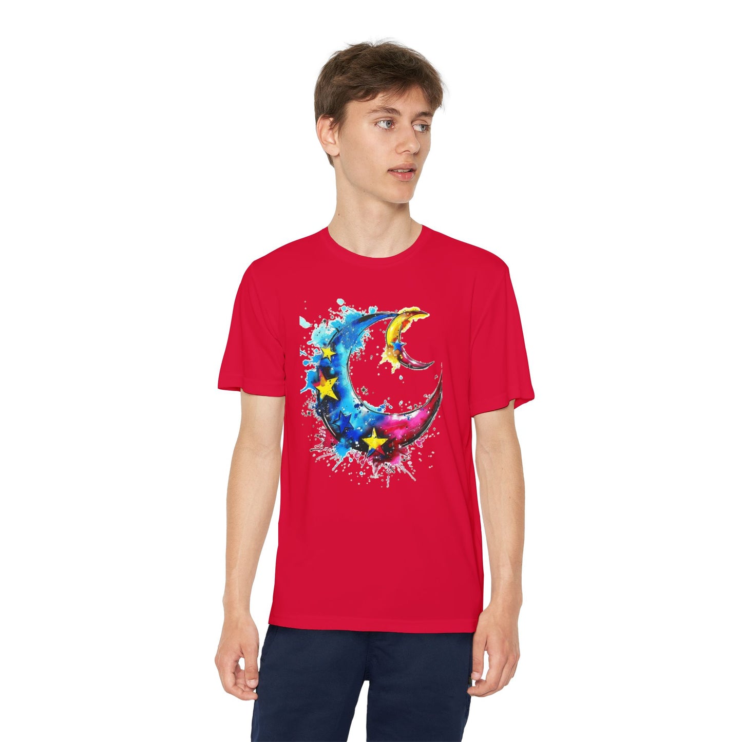 Youth Watercolor Moon Tee - Vibrant Starry Design, Perfect for Kids, Birthday Gift, Summer Wear, Festival Attire, Cosmic Theme