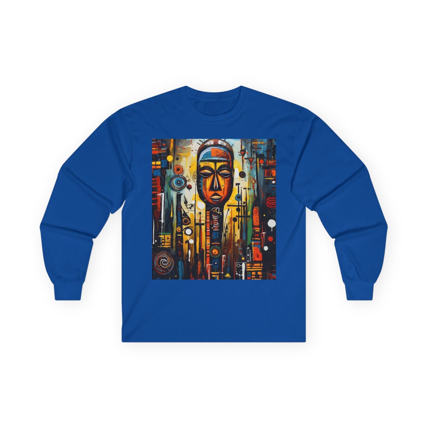 Artistic Unisex Long Sleeve Tee with Abstract Mask Design - Perfect for Casual Wear and Gift Giving