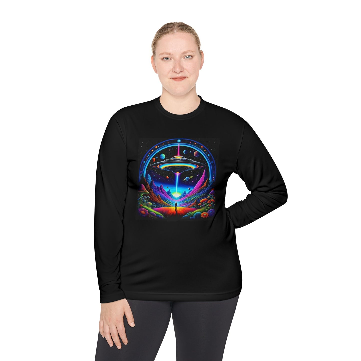 Cosmic Adventure Long Sleeve Tee | Unisex Lightweight Tee, UFO Graphic Shirt, Perfect for Festivals, Gifts, and Everyday Wear