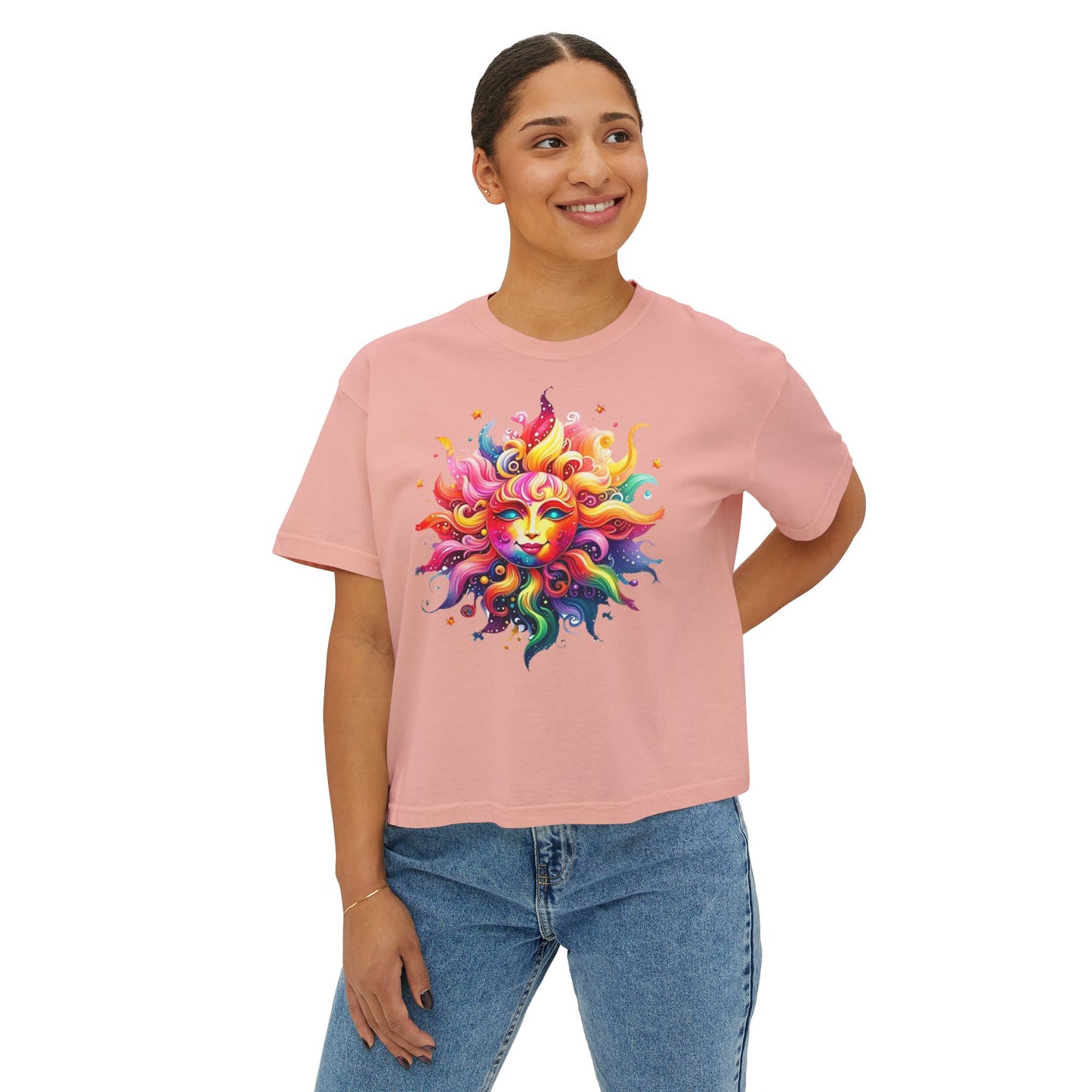 Vibrant Sun Graphic Women's Boxy Tee, Boho T-Shirt, Summer Apparel, Festival Wear, Gifts for Her