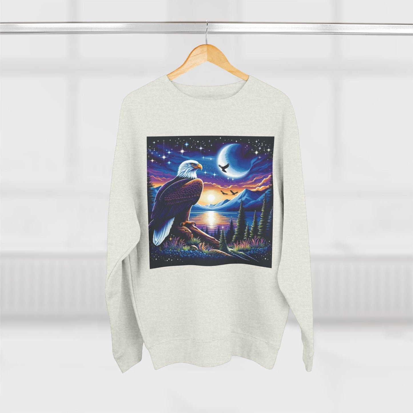 Nature-Inspired Unisex Crewneck Sweatshirt with Eagle & Moon Design, Cozy Sweatshirt for Nature Lovers, Perfect Gift for Birthdays, Outdoor