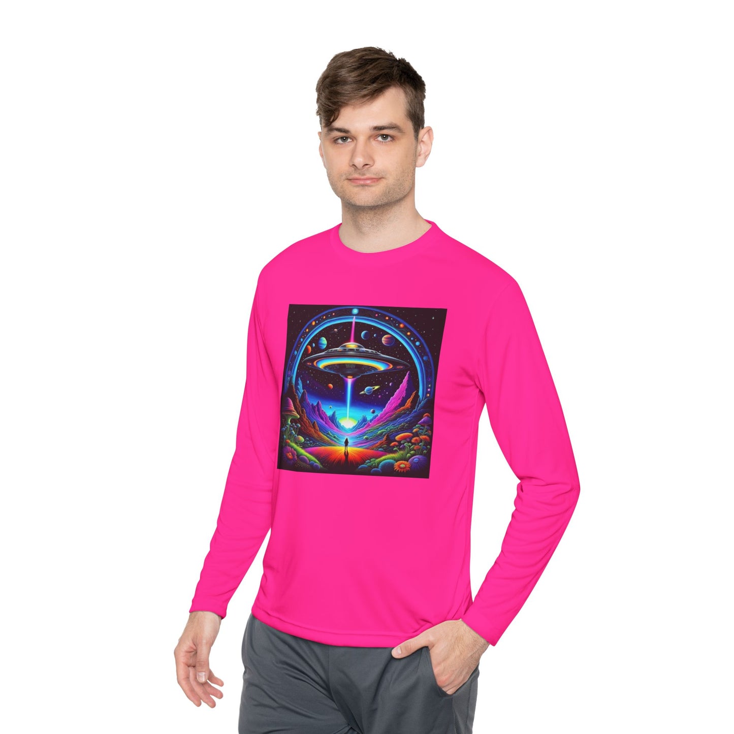 Cosmic Adventure Long Sleeve Tee | Unisex Lightweight Tee, UFO Graphic Shirt, Perfect for Festivals, Gifts, and Everyday Wear