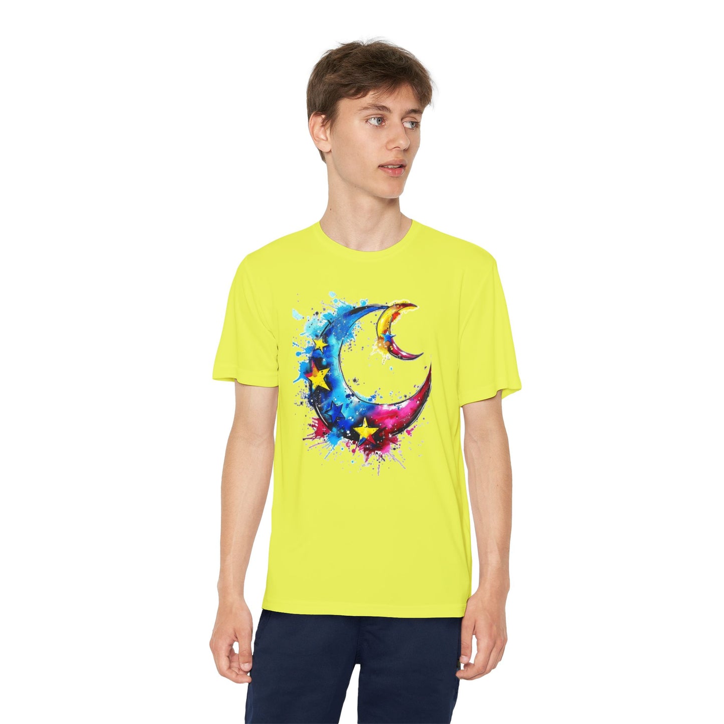 Youth Watercolor Moon Tee - Vibrant Starry Design, Perfect for Kids, Birthday Gift, Summer Wear, Festival Attire, Cosmic Theme