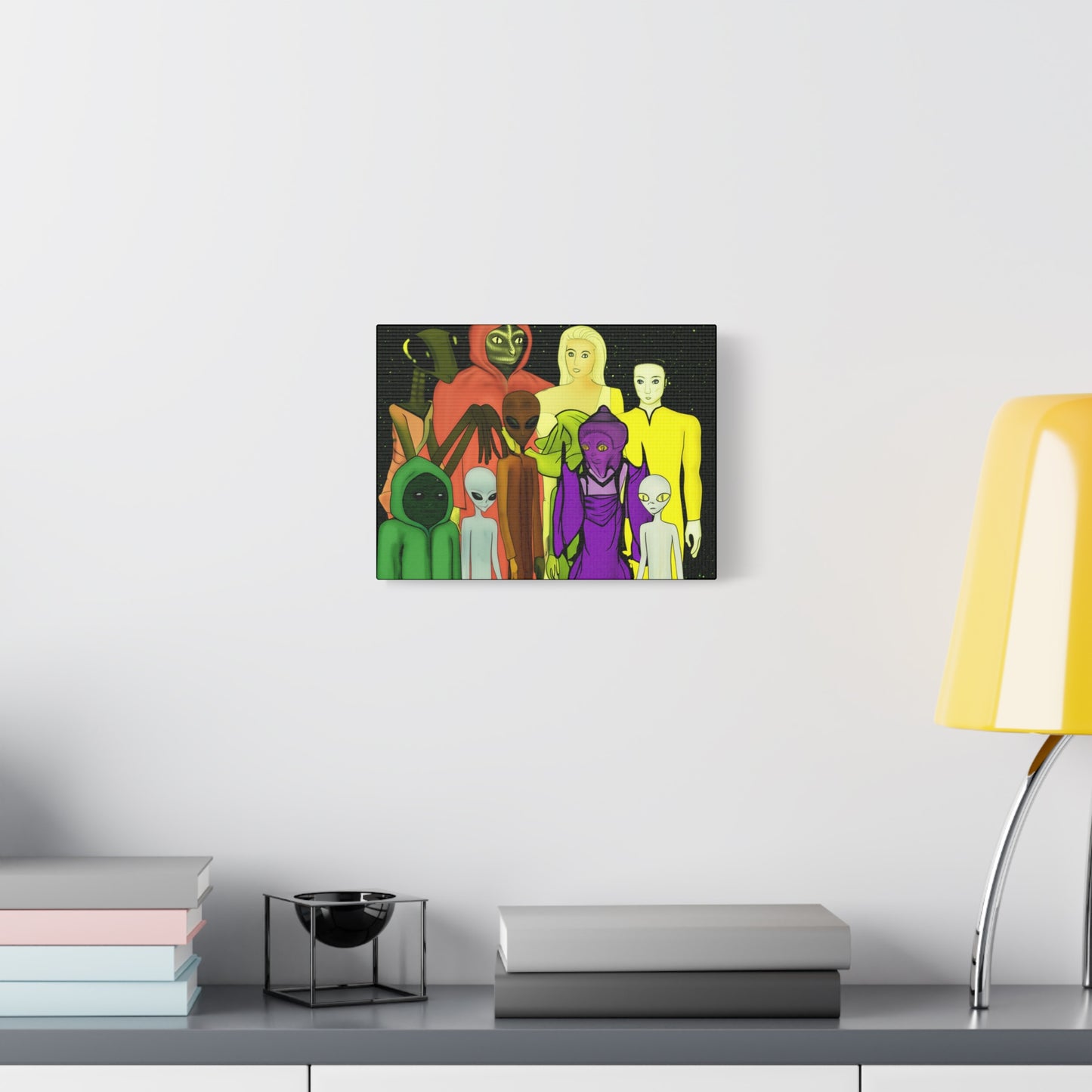 Alien Friends Canvas Art, Cosmic Wall Decor, Unique Home Gift, Sci-Fi Wall Hanging, Whimsical Art for UFO Lovers