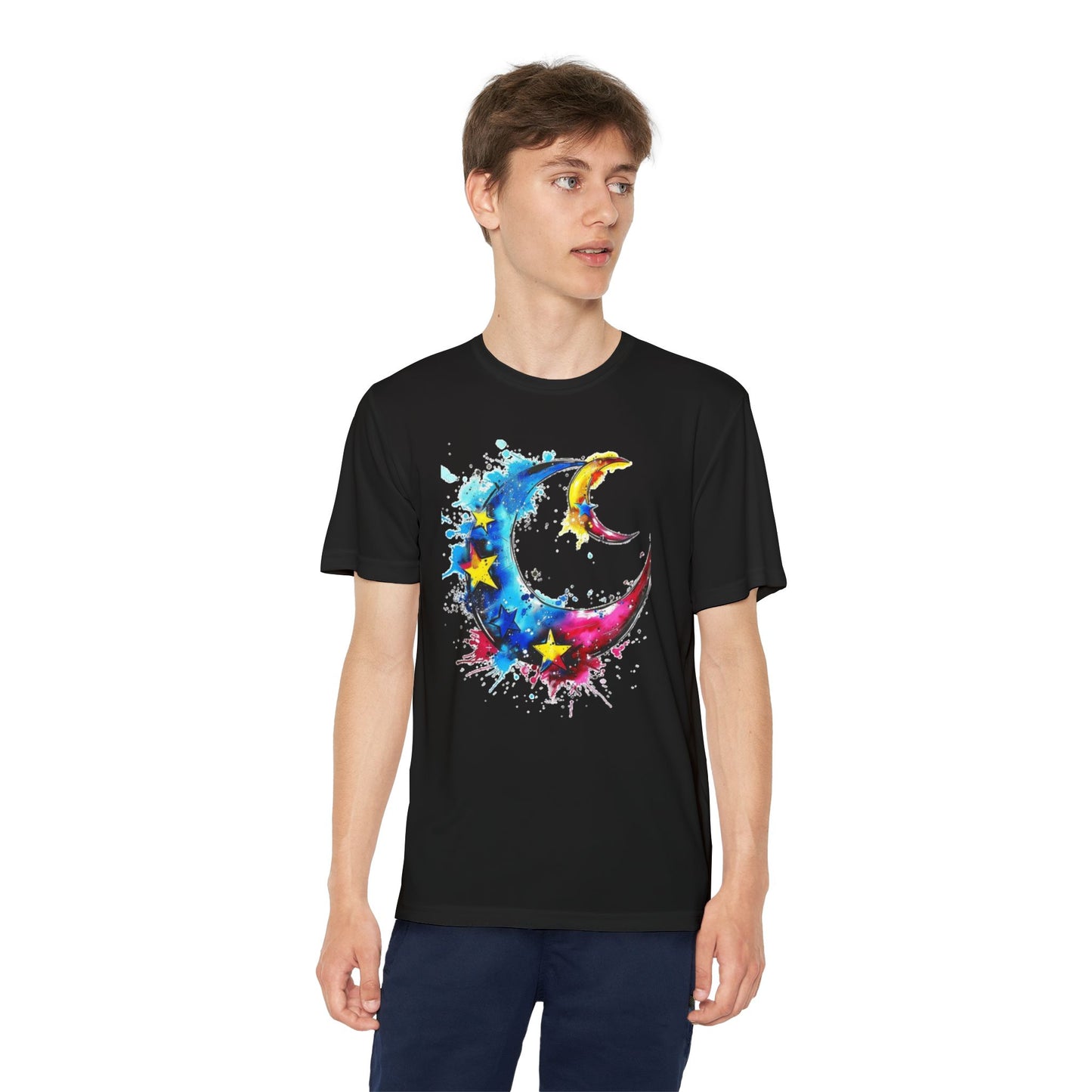 Youth Watercolor Moon Tee - Vibrant Starry Design, Perfect for Kids, Birthday Gift, Summer Wear, Festival Attire, Cosmic Theme