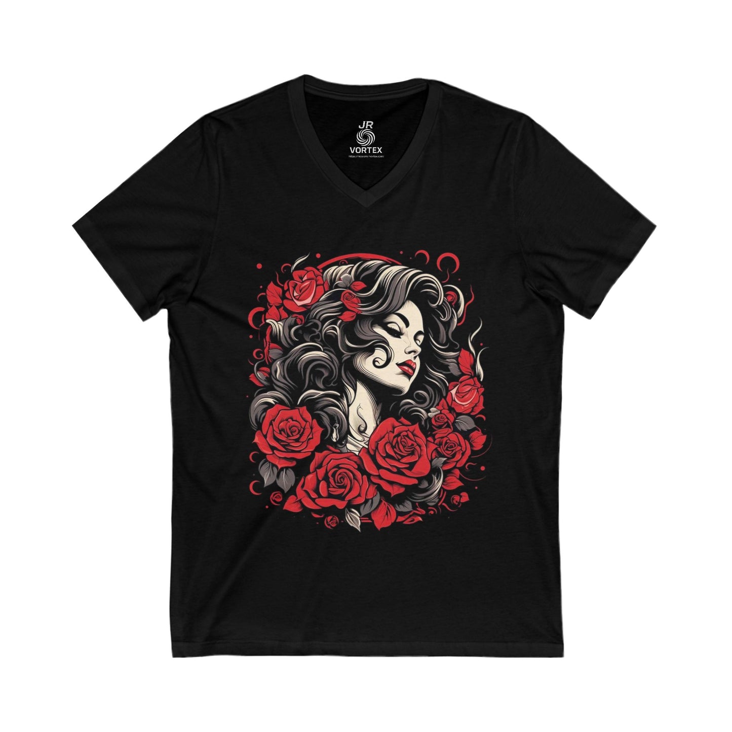Romantic Floral V-Neck Tee - Feminine Graphic T-Shirt, Gift for Her, Boho Style Top, Rose Design, Casual Summer Wear