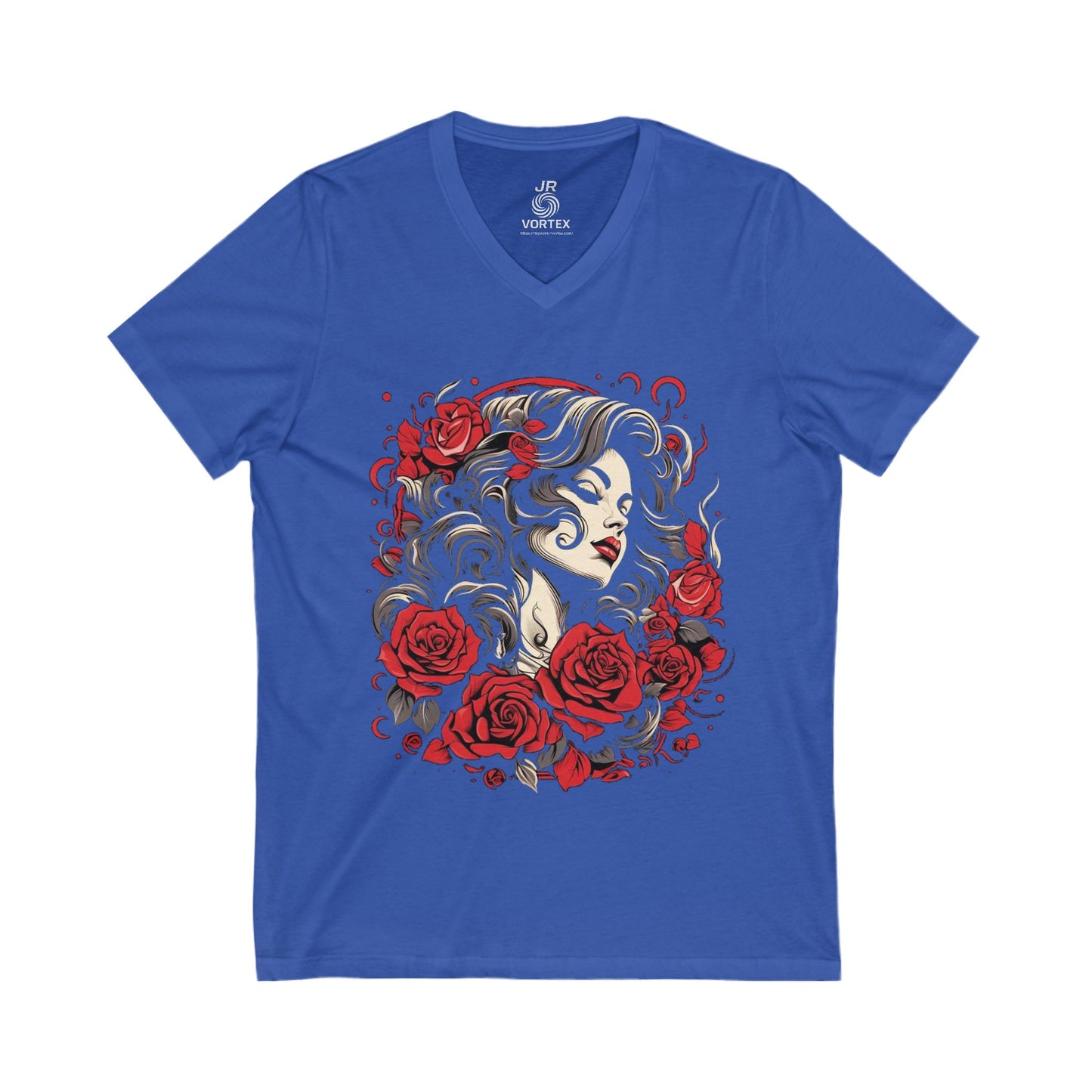 Romantic Floral V-Neck Tee - Feminine Graphic T-Shirt, Gift for Her, Boho Style Top, Rose Design, Casual Summer Wear