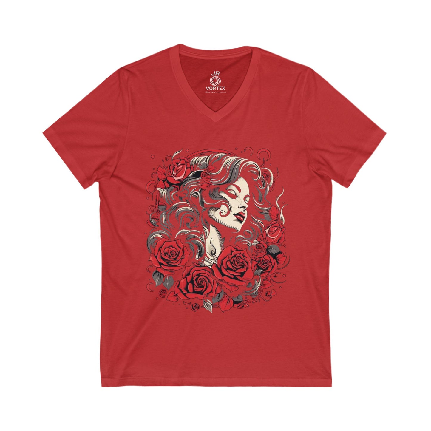 Romantic Floral V-Neck Tee - Feminine Graphic T-Shirt, Gift for Her, Boho Style Top, Rose Design, Casual Summer Wear