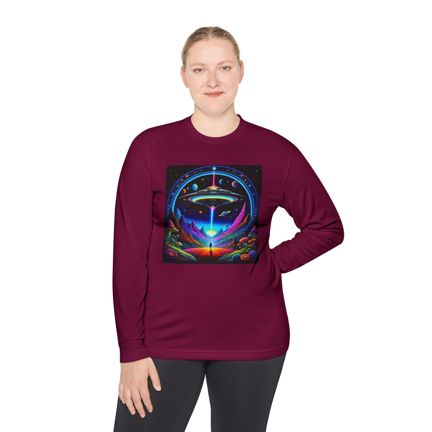 Cosmic Adventure Long Sleeve Tee | Unisex Lightweight Tee, UFO Graphic Shirt, Perfect for Festivals, Gifts, and Everyday Wear