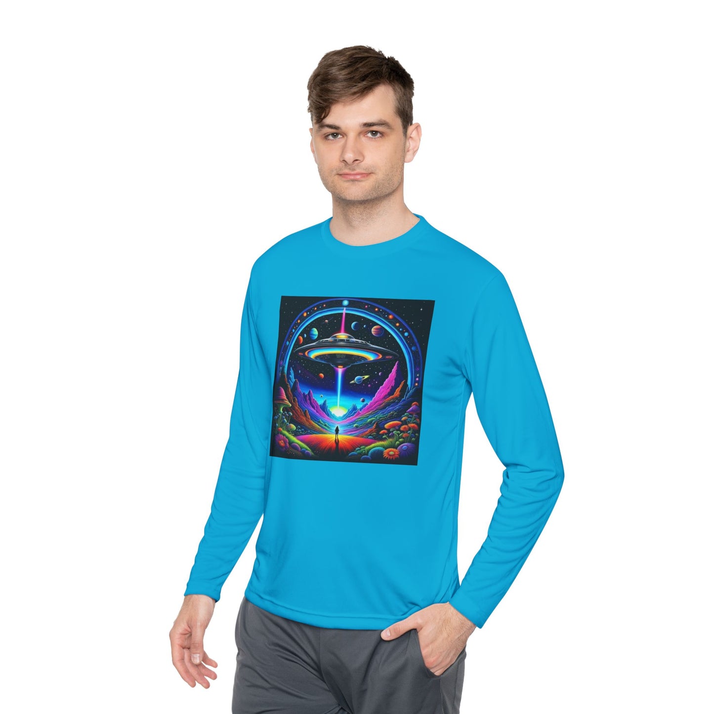 Cosmic Adventure Long Sleeve Tee | Unisex Lightweight Tee, UFO Graphic Shirt, Perfect for Festivals, Gifts, and Everyday Wear