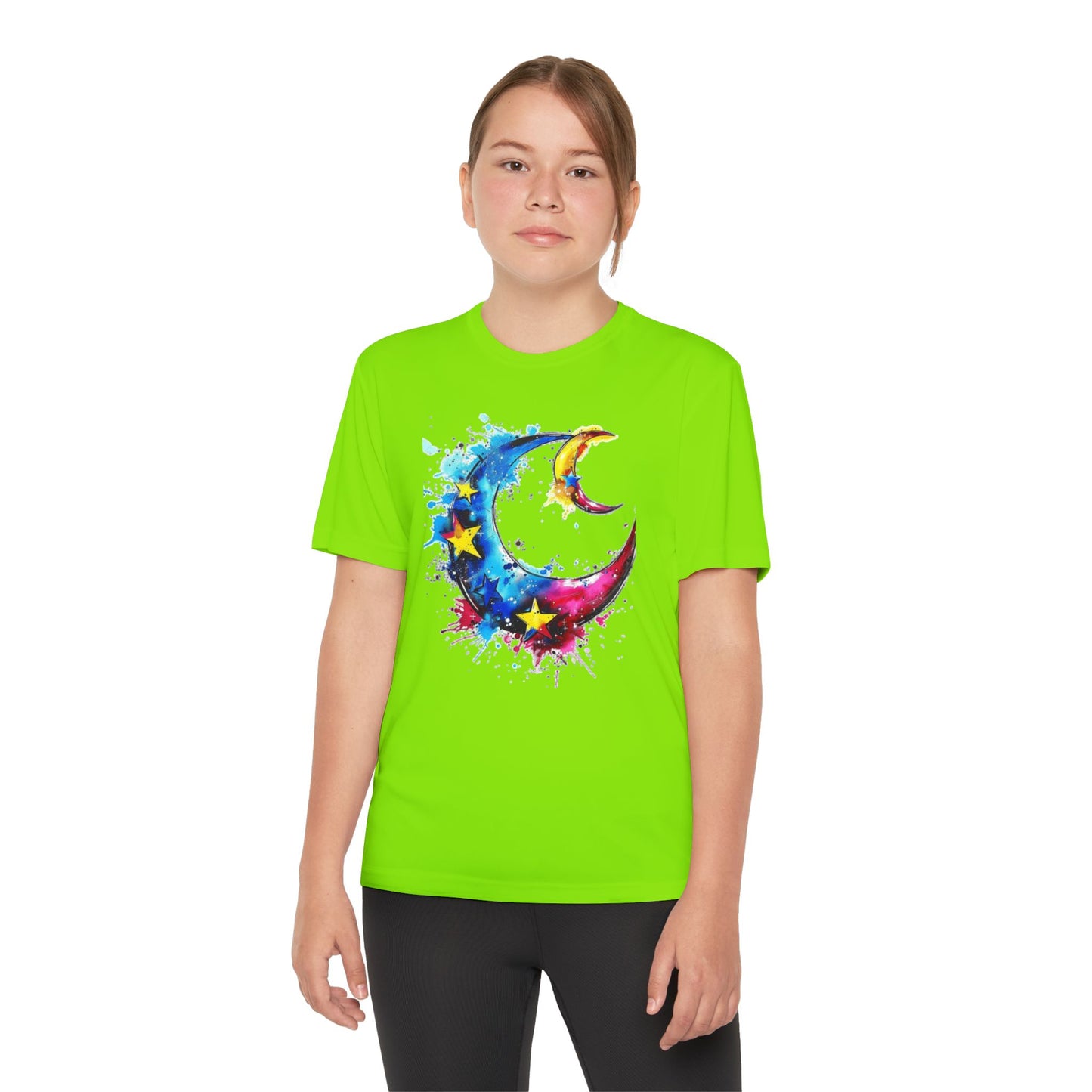 Youth Watercolor Moon Tee - Vibrant Starry Design, Perfect for Kids, Birthday Gift, Summer Wear, Festival Attire, Cosmic Theme