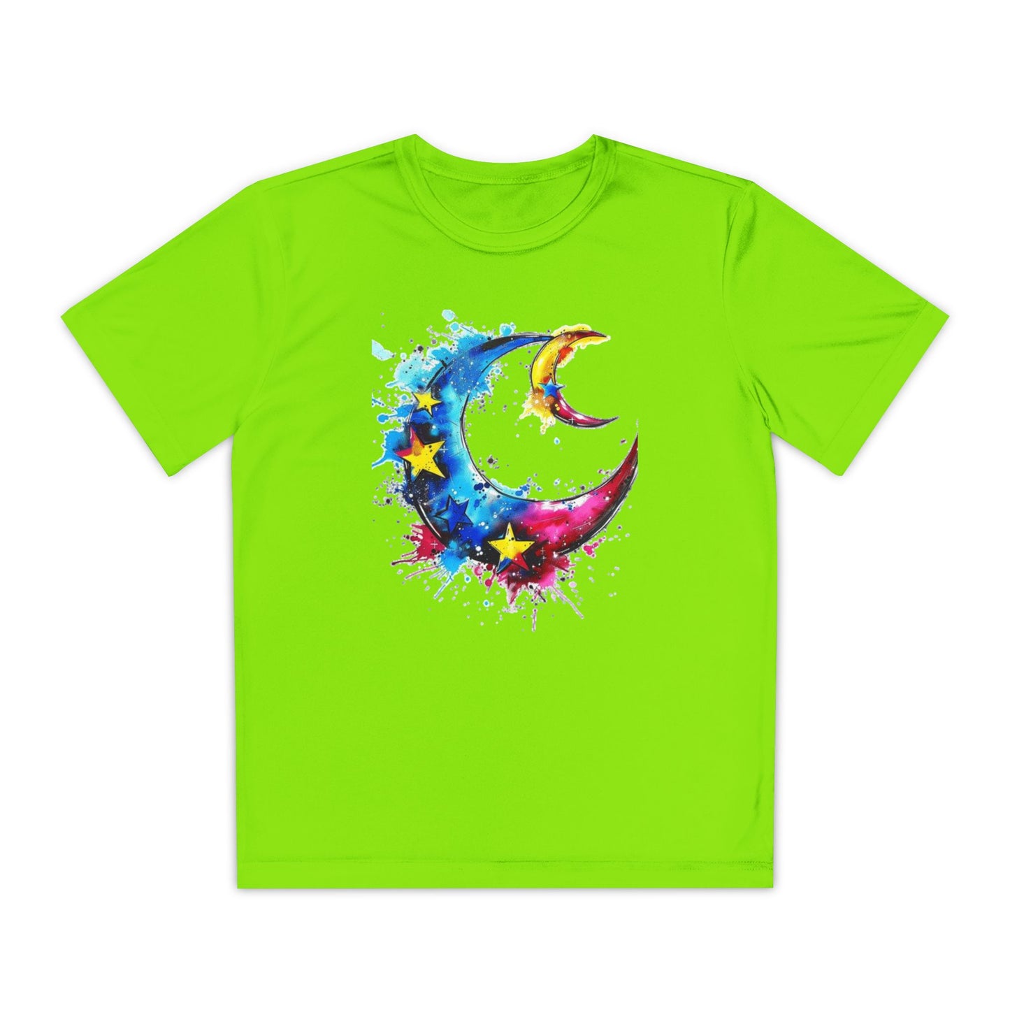 Youth Watercolor Moon Tee - Vibrant Starry Design, Perfect for Kids, Birthday Gift, Summer Wear, Festival Attire, Cosmic Theme