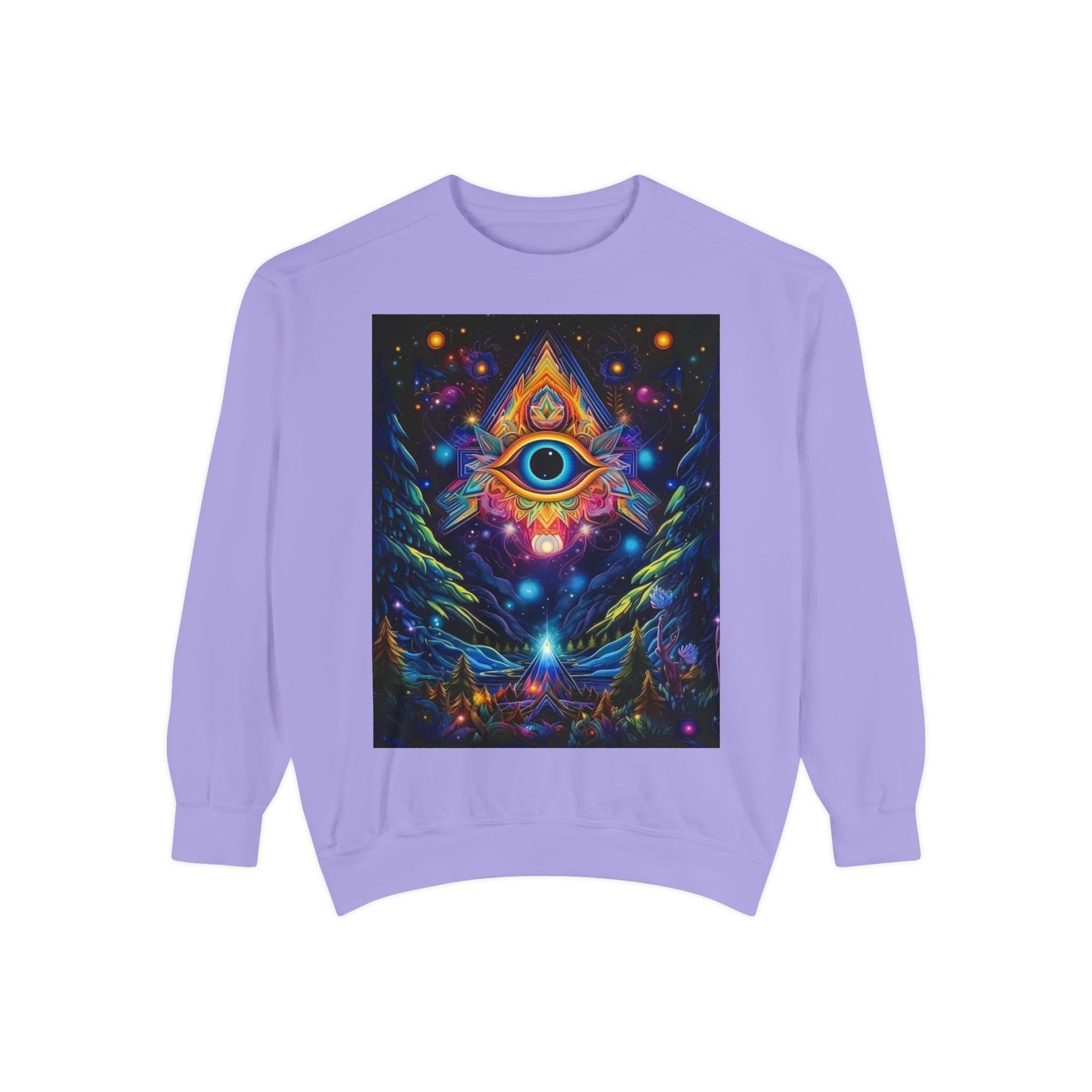 Cosmic Eye Unisex Garment-Dyed Sweatshirt, Psychedelic Sweatshirt, Spiritual Apparel, Gift for Nature Lovers, Festival Clothing, Comfortable