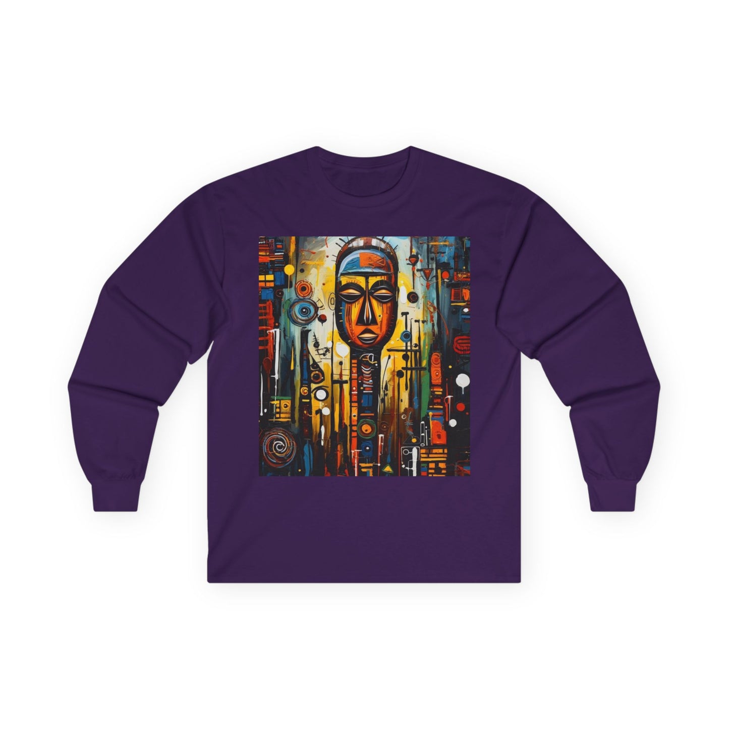 Artistic Unisex Long Sleeve Tee with Abstract Mask Design - Perfect for Casual Wear and Gift Giving