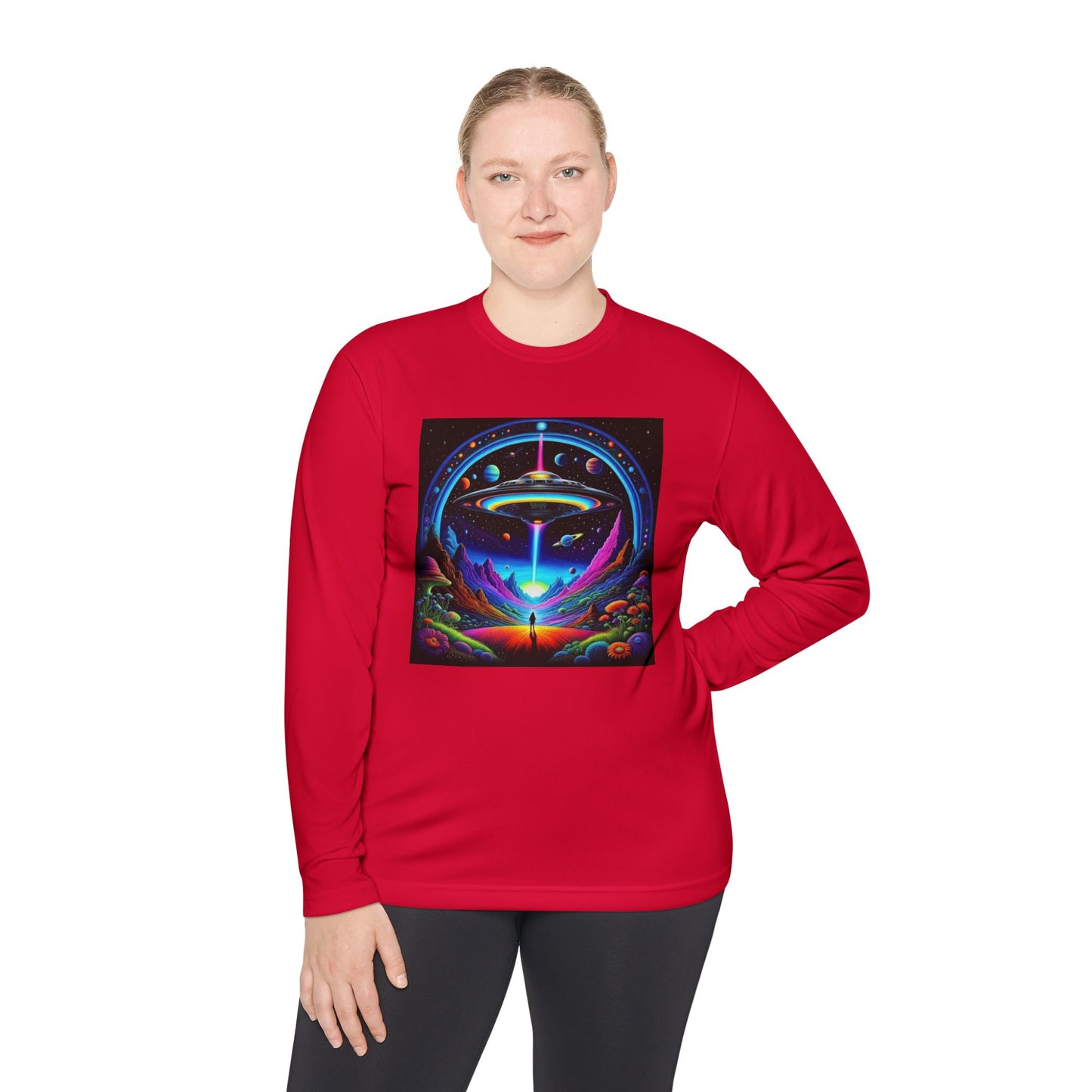 Cosmic Adventure Long Sleeve Tee | Unisex Lightweight Tee, UFO Graphic Shirt, Perfect for Festivals, Gifts, and Everyday Wear