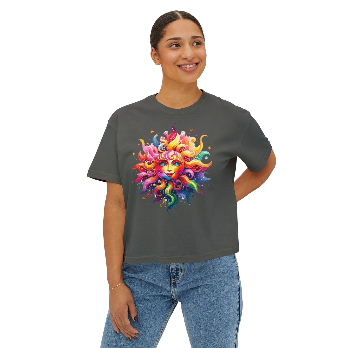 Vibrant Sun Graphic Women's Boxy Tee, Boho T-Shirt, Summer Apparel, Festival Wear, Gifts for Her