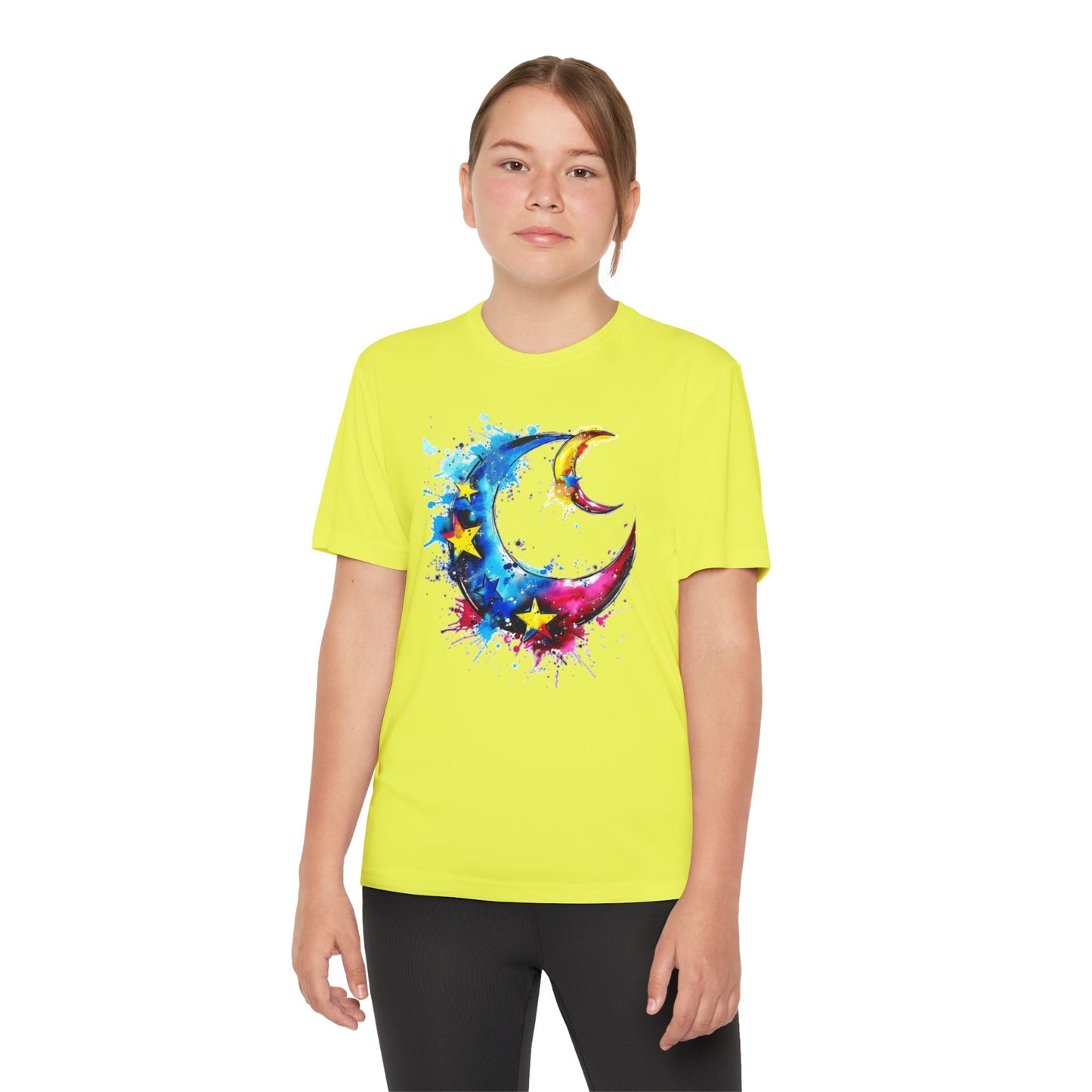 Youth Watercolor Moon Tee - Vibrant Starry Design, Perfect for Kids, Birthday Gift, Summer Wear, Festival Attire, Cosmic Theme