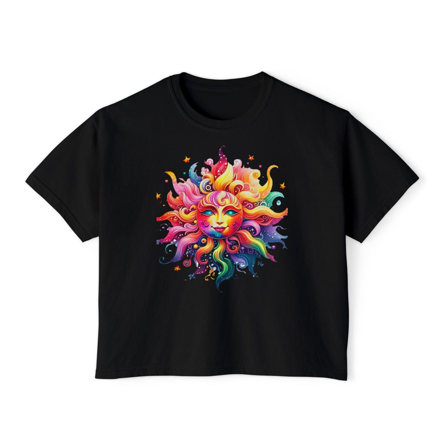 Vibrant Sun Graphic Women's Boxy Tee, Boho T-Shirt, Summer Apparel, Festival Wear, Gifts for Her