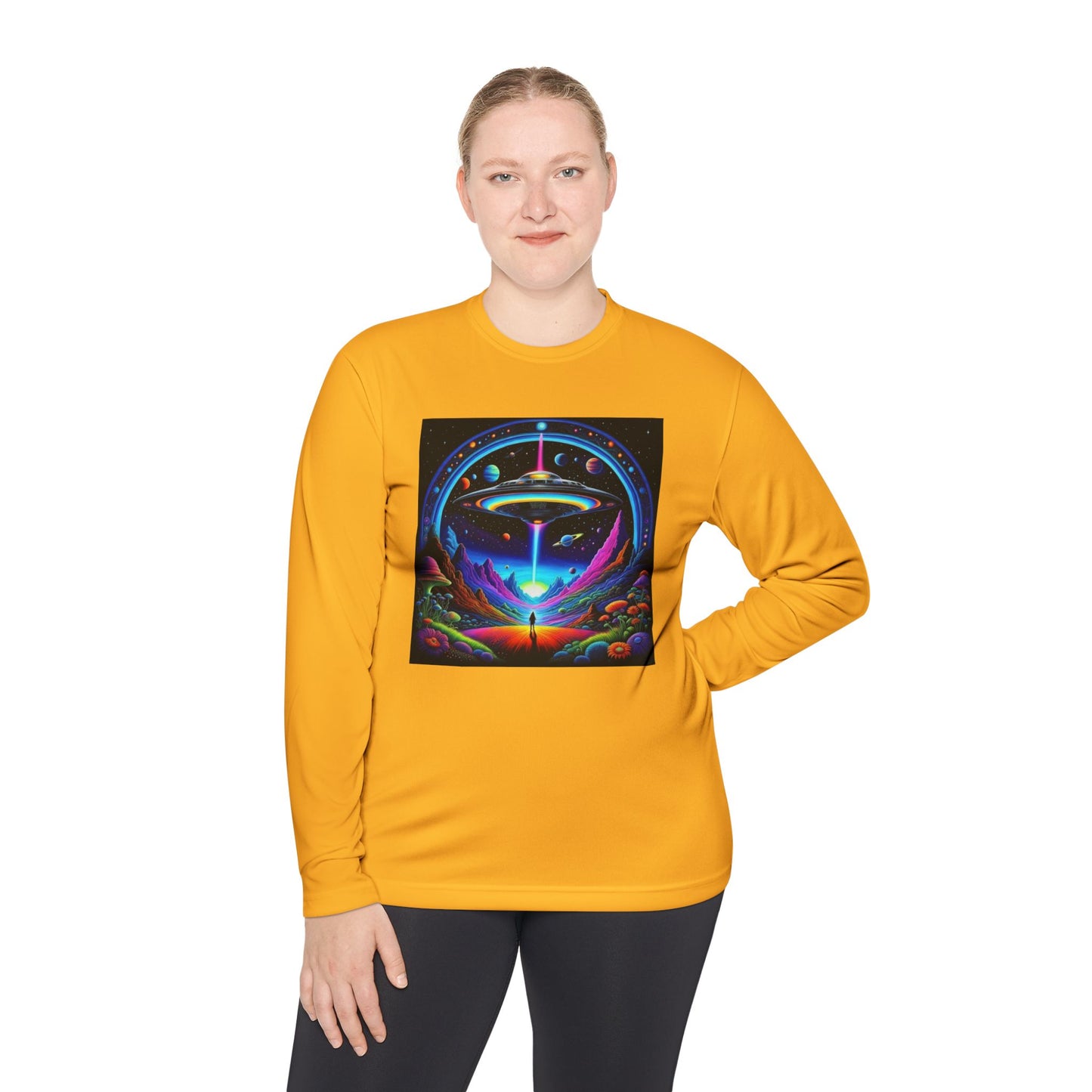 Cosmic Adventure Long Sleeve Tee | Unisex Lightweight Tee, UFO Graphic Shirt, Perfect for Festivals, Gifts, and Everyday Wear