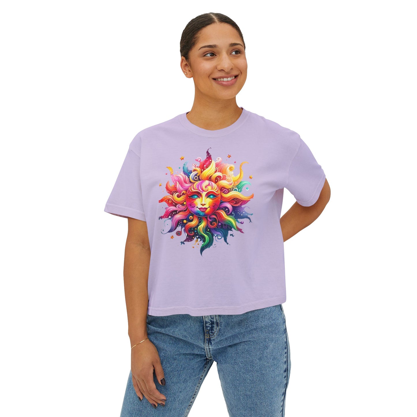 Vibrant Sun Graphic Women's Boxy Tee, Boho T-Shirt, Summer Apparel, Festival Wear, Gifts for Her