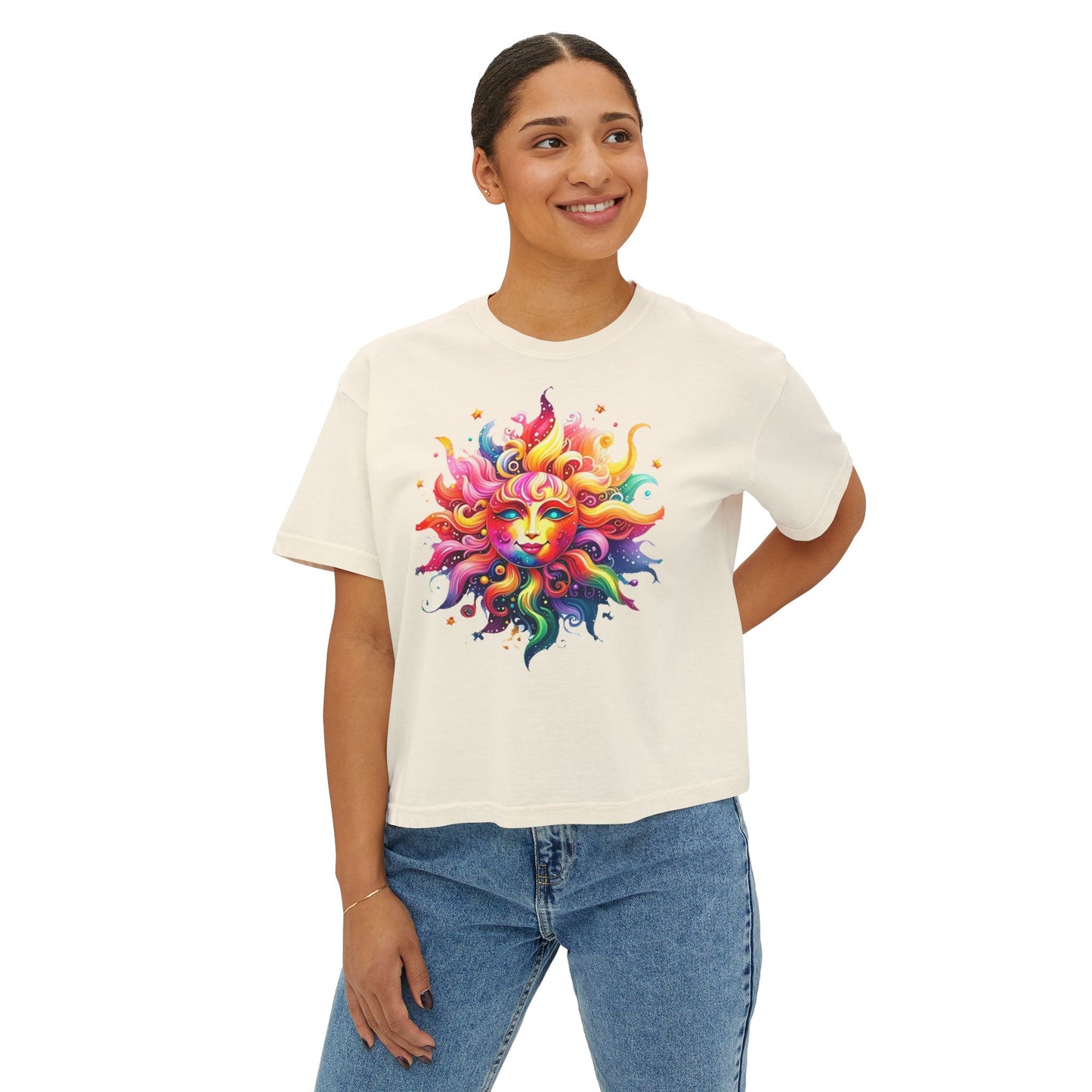 Vibrant Sun Graphic Women's Boxy Tee, Boho T-Shirt, Summer Apparel, Festival Wear, Gifts for Her