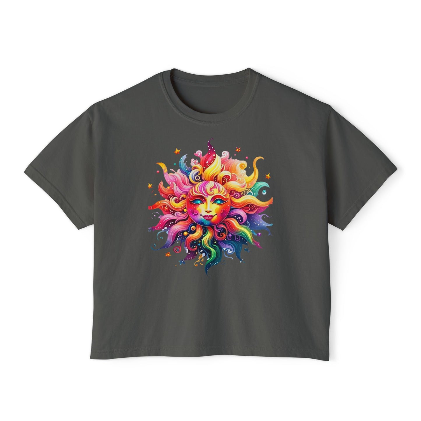 Vibrant Sun Graphic Women's Boxy Tee, Boho T-Shirt, Summer Apparel, Festival Wear, Gifts for Her