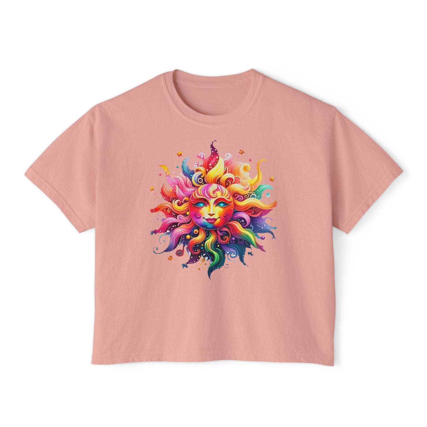Vibrant Sun Graphic Women's Boxy Tee, Boho T-Shirt, Summer Apparel, Festival Wear, Gifts for Her