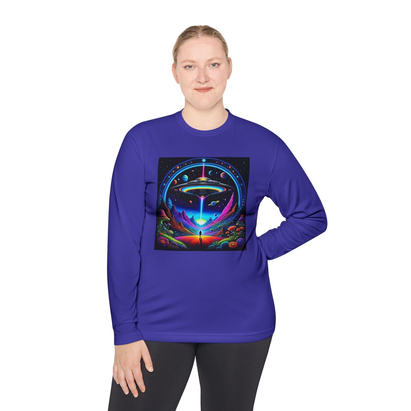 Cosmic Adventure Long Sleeve Tee | Unisex Lightweight Tee, UFO Graphic Shirt, Perfect for Festivals, Gifts, and Everyday Wear
