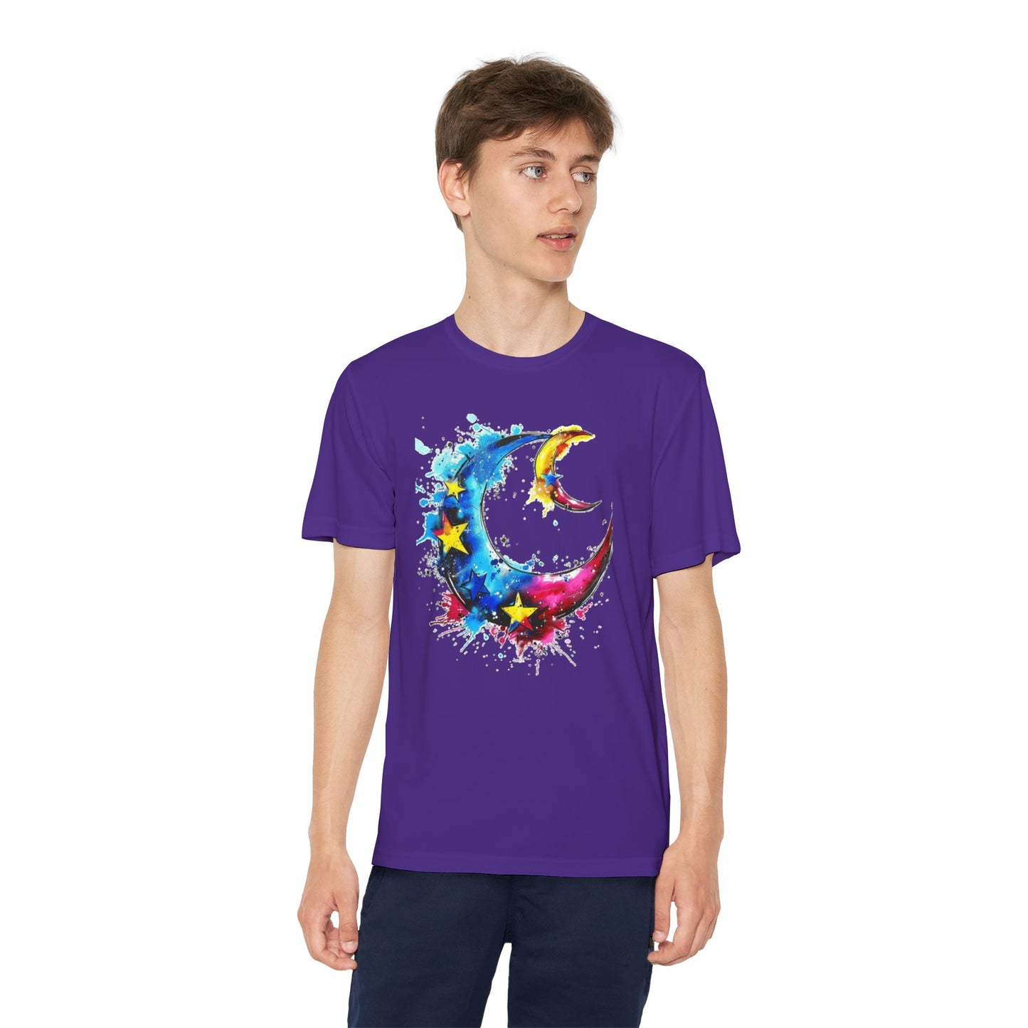 Youth Watercolor Moon Tee - Vibrant Starry Design, Perfect for Kids, Birthday Gift, Summer Wear, Festival Attire, Cosmic Theme