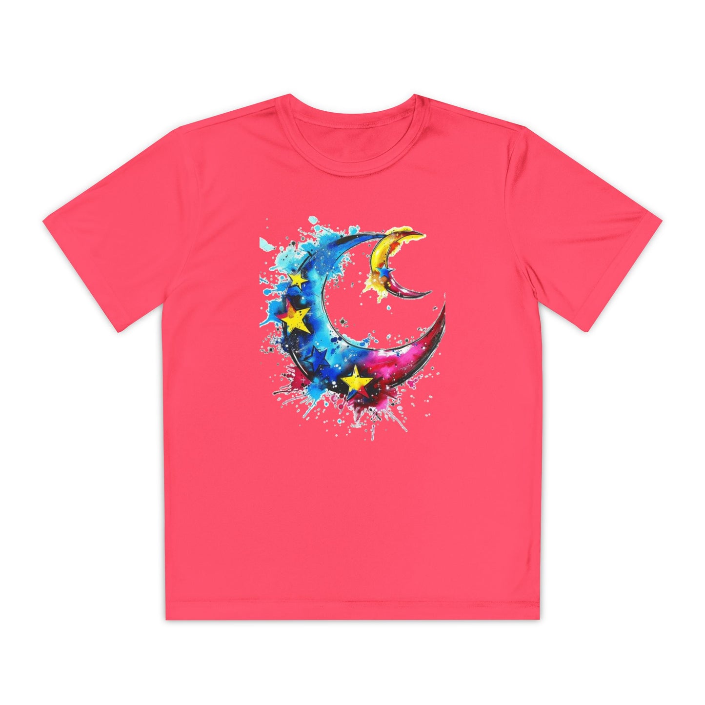 Youth Watercolor Moon Tee - Vibrant Starry Design, Perfect for Kids, Birthday Gift, Summer Wear, Festival Attire, Cosmic Theme