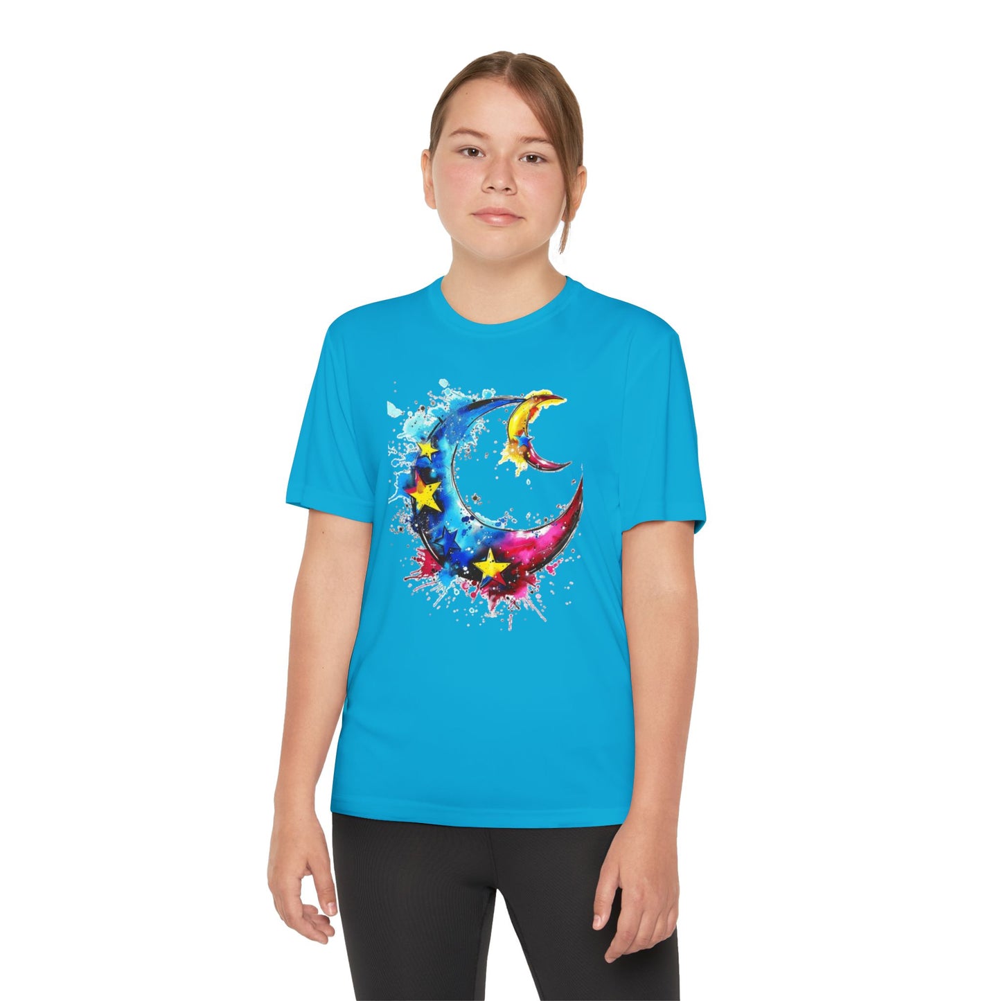Youth Watercolor Moon Tee - Vibrant Starry Design, Perfect for Kids, Birthday Gift, Summer Wear, Festival Attire, Cosmic Theme