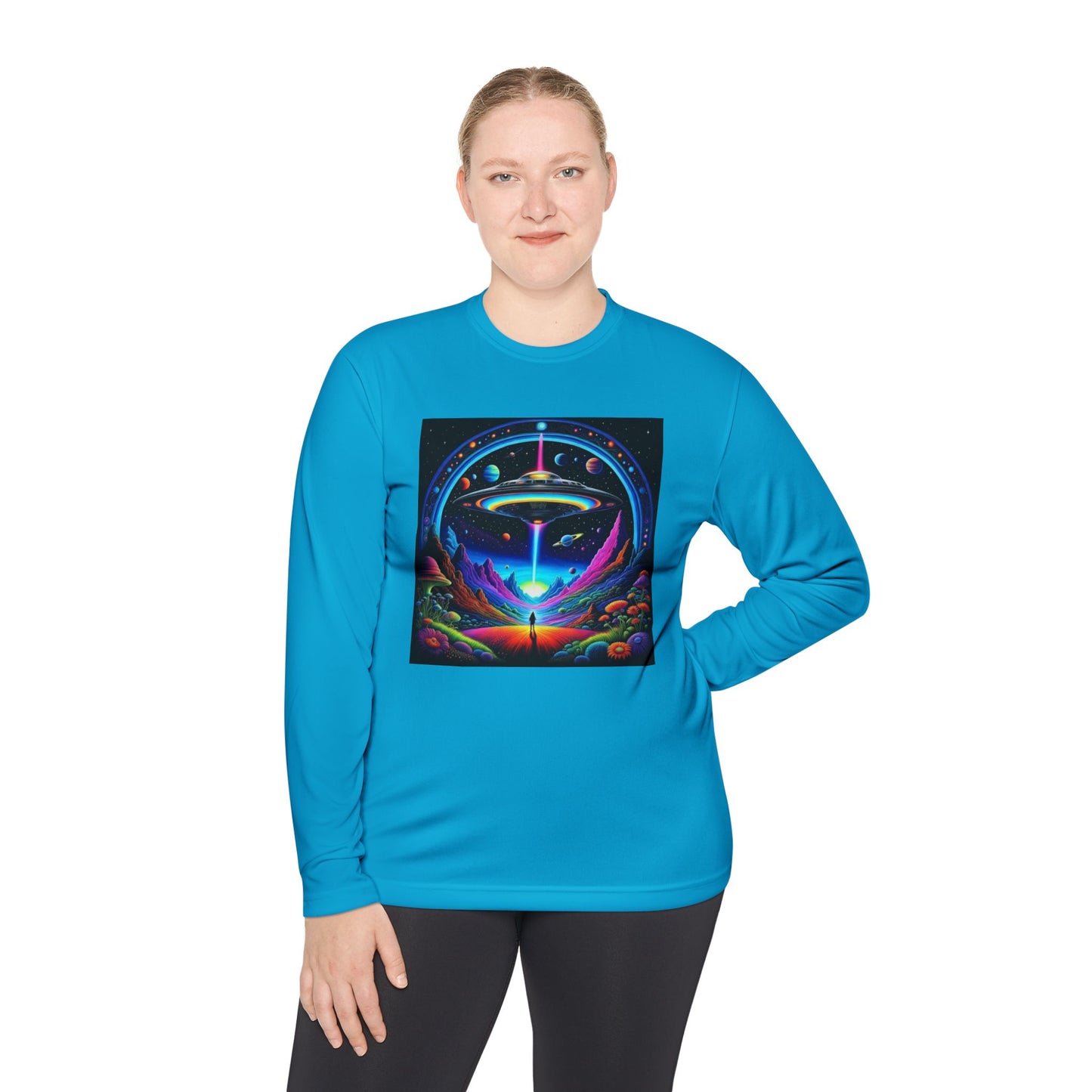 Cosmic Adventure Long Sleeve Tee | Unisex Lightweight Tee, UFO Graphic Shirt, Perfect for Festivals, Gifts, and Everyday Wear