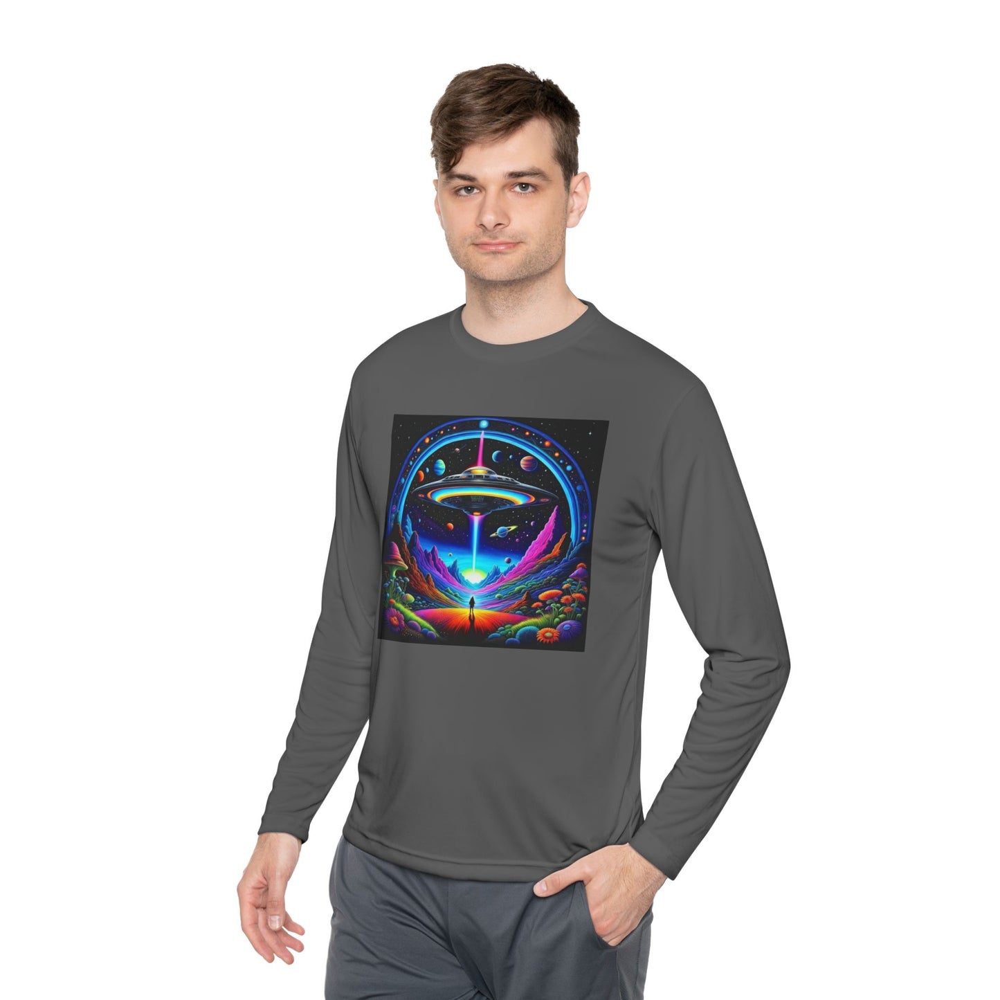 Cosmic Adventure Long Sleeve Tee | Unisex Lightweight Tee, UFO Graphic Shirt, Perfect for Festivals, Gifts, and Everyday Wear